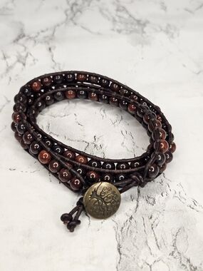 Beaded Leather Wrap Bracelet, Handmade Red Tiger's Eye Beads
